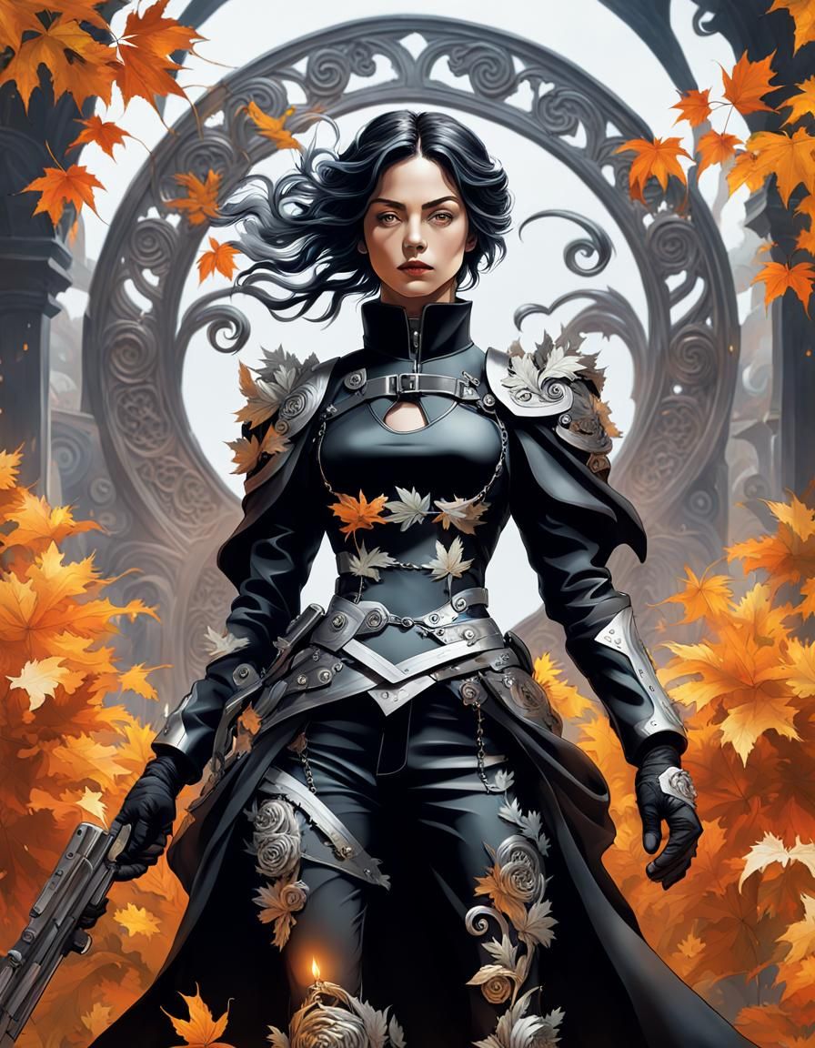 Gothic Armored Woman in Autumnal Swirls