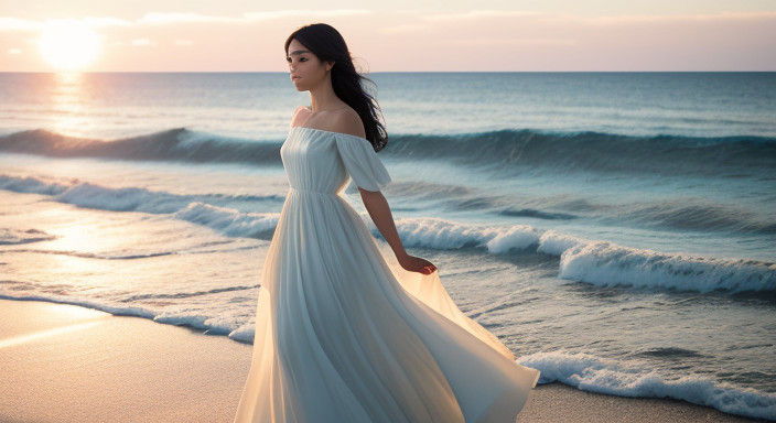 Young Woman Walks Alone on Deserted Beach at Sunset