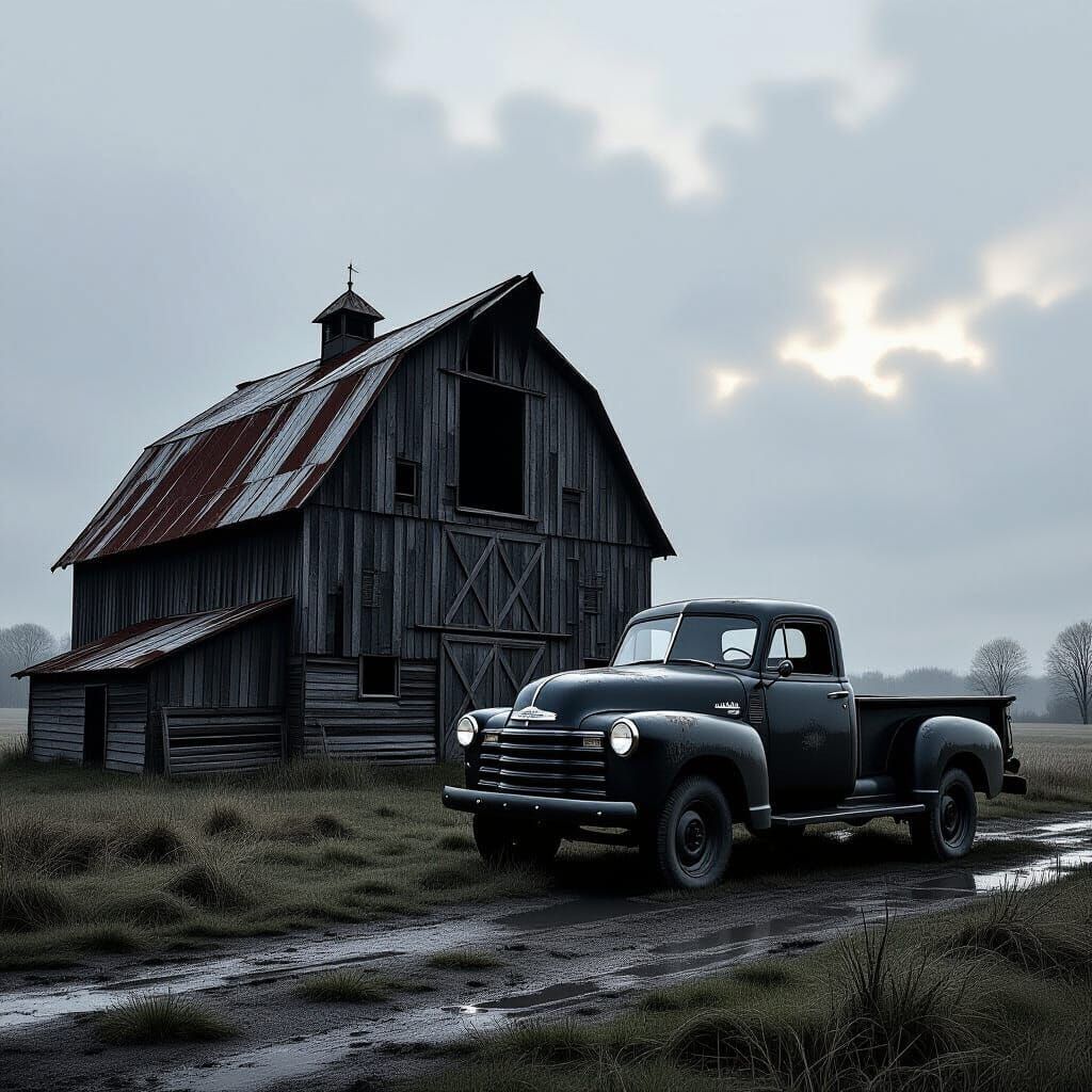 Dramatic Black and White Barn with Old Truck