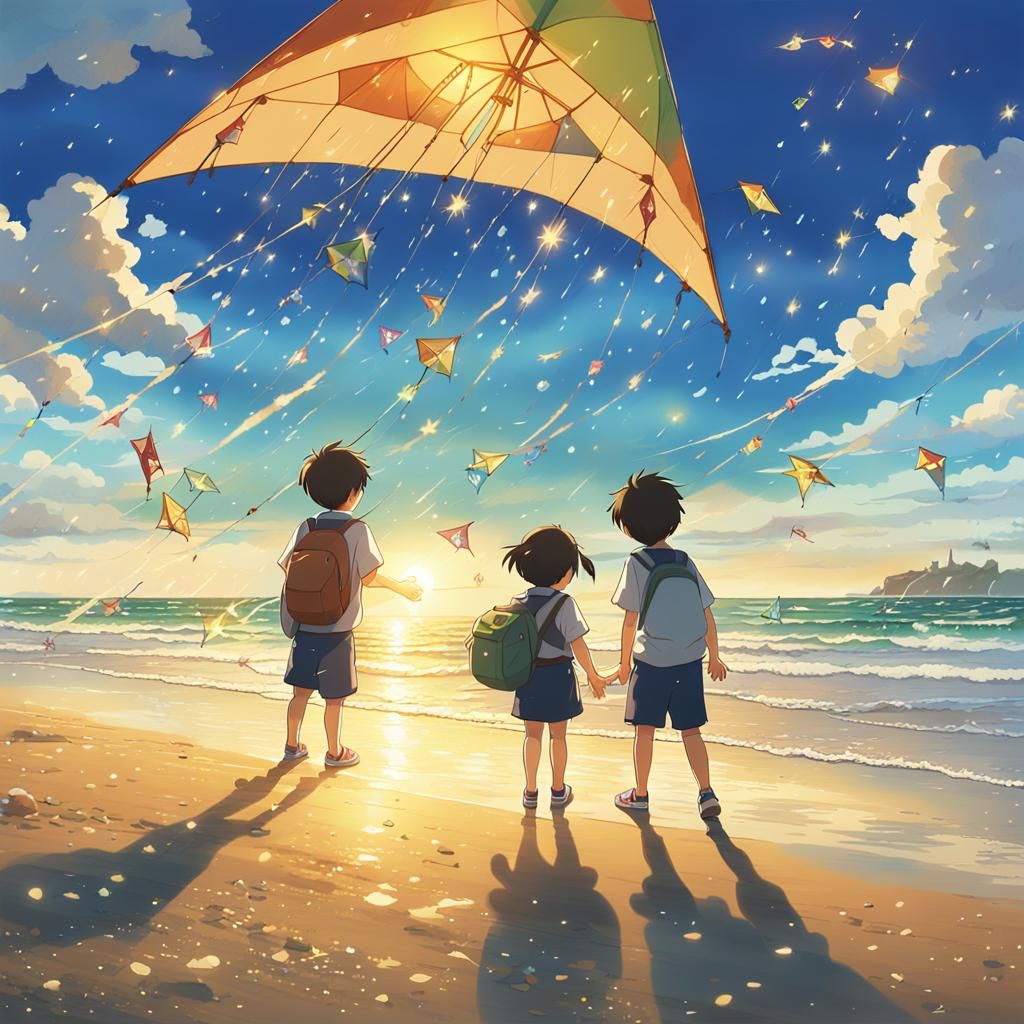 Children's Kite Flying on Beach in Ghibli Anime Style