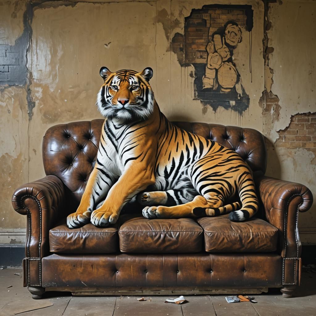 Tiger Sleeping in Manor House, Banksy Style