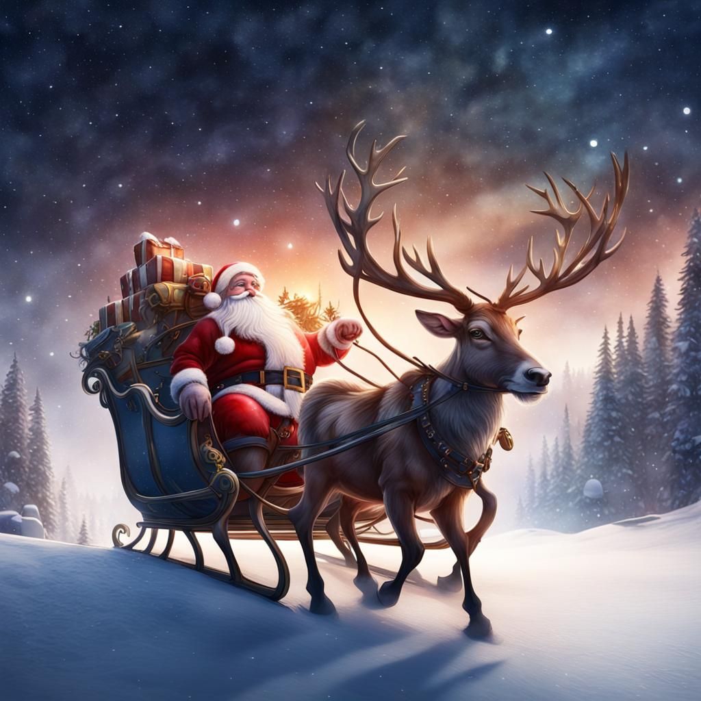 Santa's Sleigh Under Starry Sky, Watercolor Painting