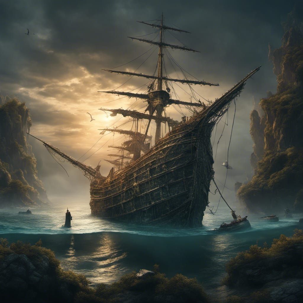 Eerie Shipwreck Fantasy Art in Ominous Twilight
