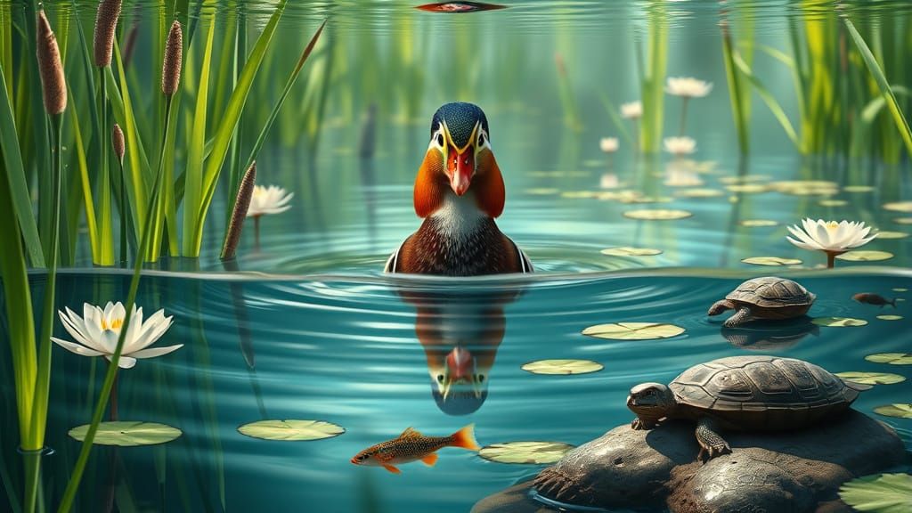 Mandarin Duck in Marshland, Contemporary Art Style