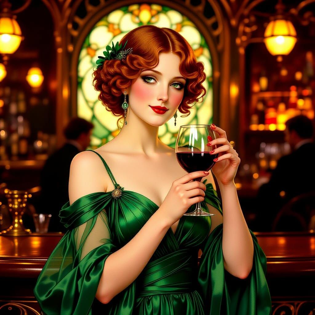 Art Nouveau Woman Enjoying Wine in Parisian Bar