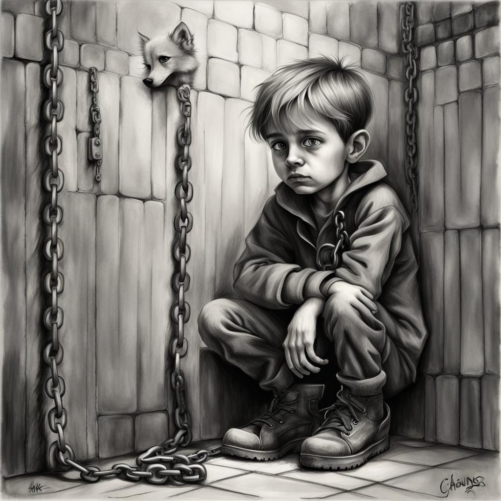 Monochrome Charcoal Drawing of Boy with Dog