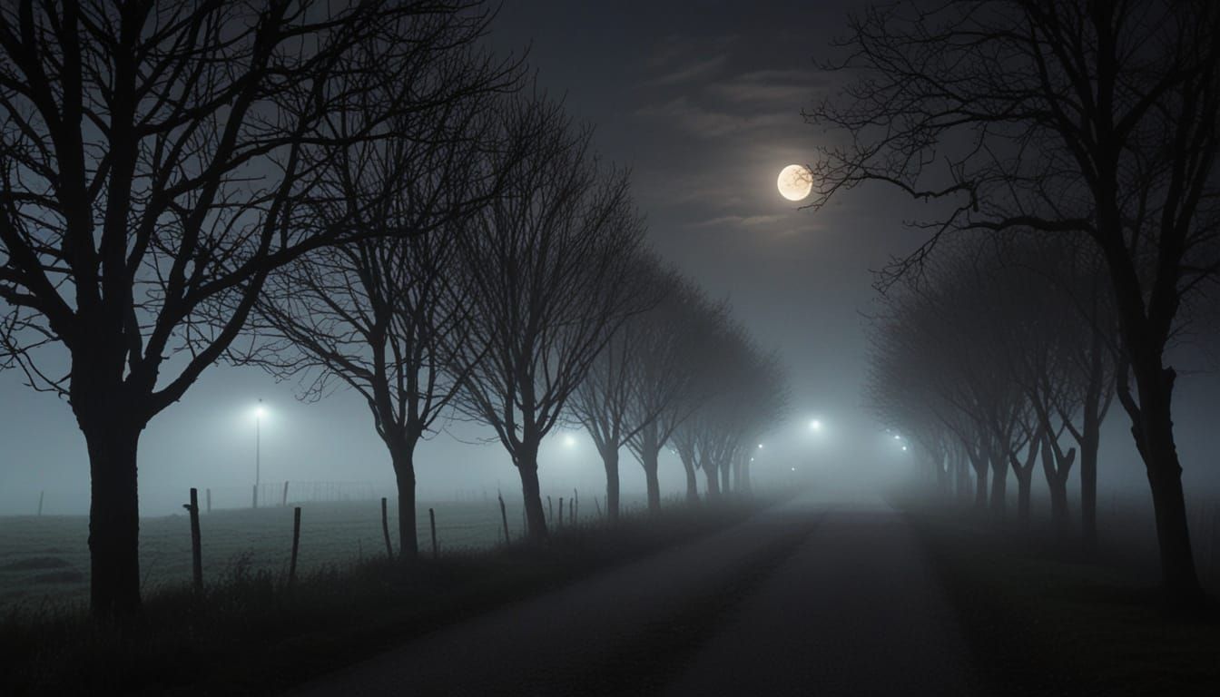 Misty Night Lane Under Full Moon