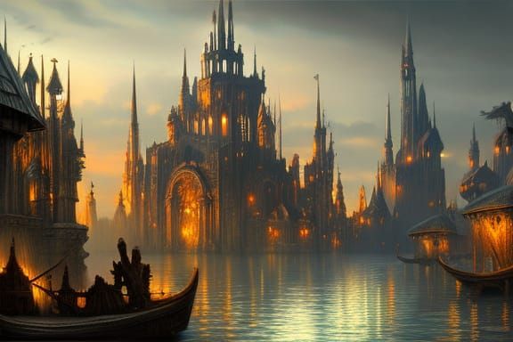 Medieval Venice Fantasy City at Dawn: Detailed Digital Paint...