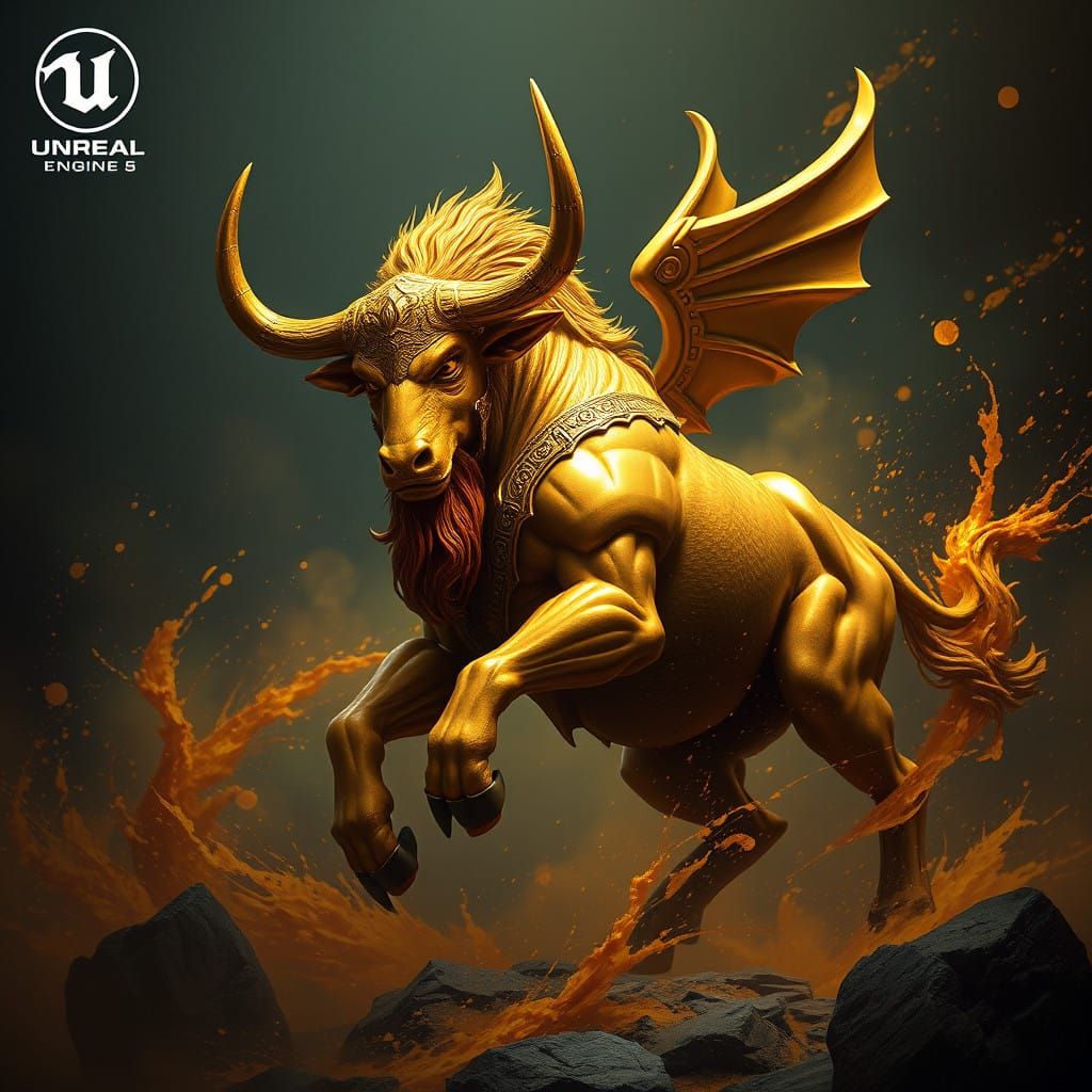 Surreal Golden Minotaur Takes Flight in Vibrant Fantasy Worl...