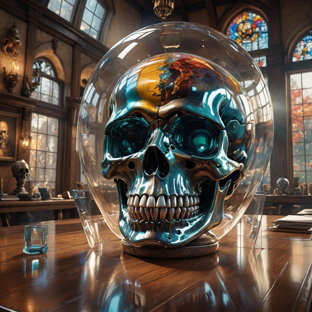 (Giant Skull encased in a large ballooned transparent glass ...