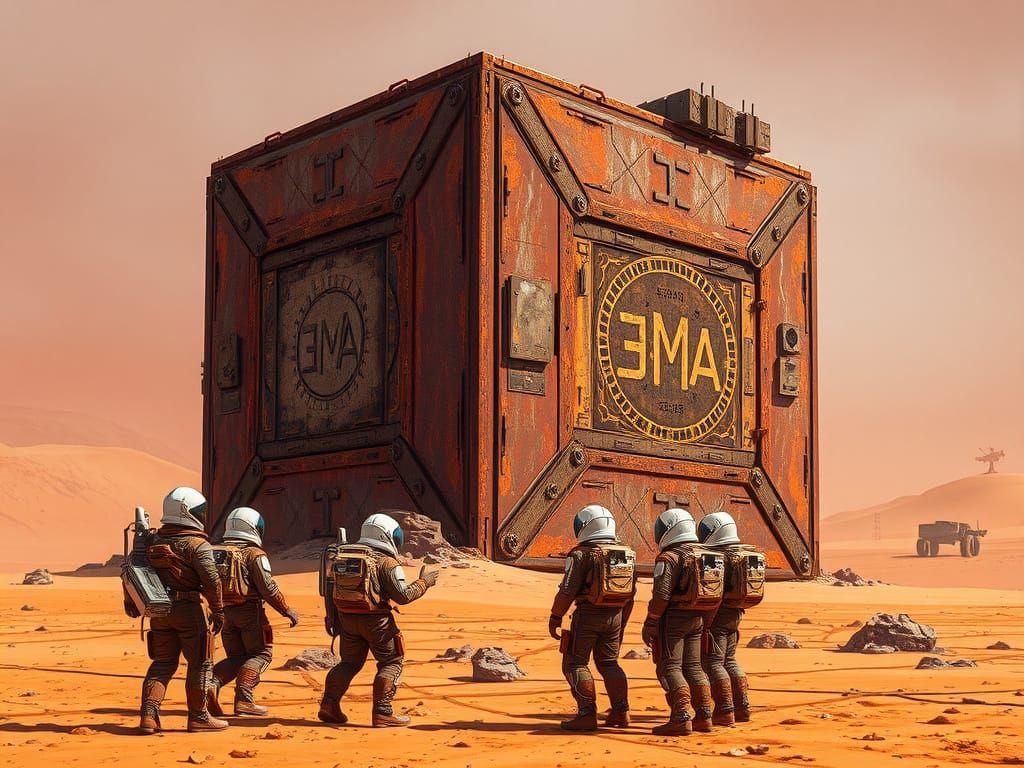 Gargantuan Martian Mechanical Cube in Rust-Hued Patina