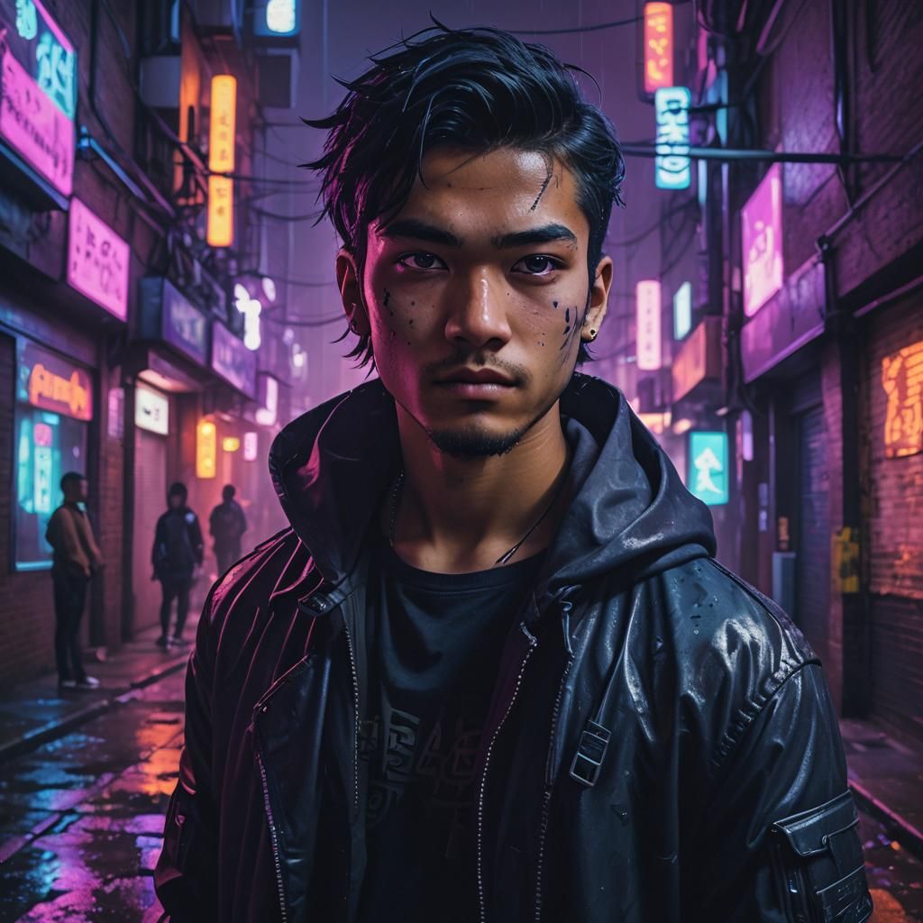 Cyberpunk Portrait in Dimly Lit Cityscape