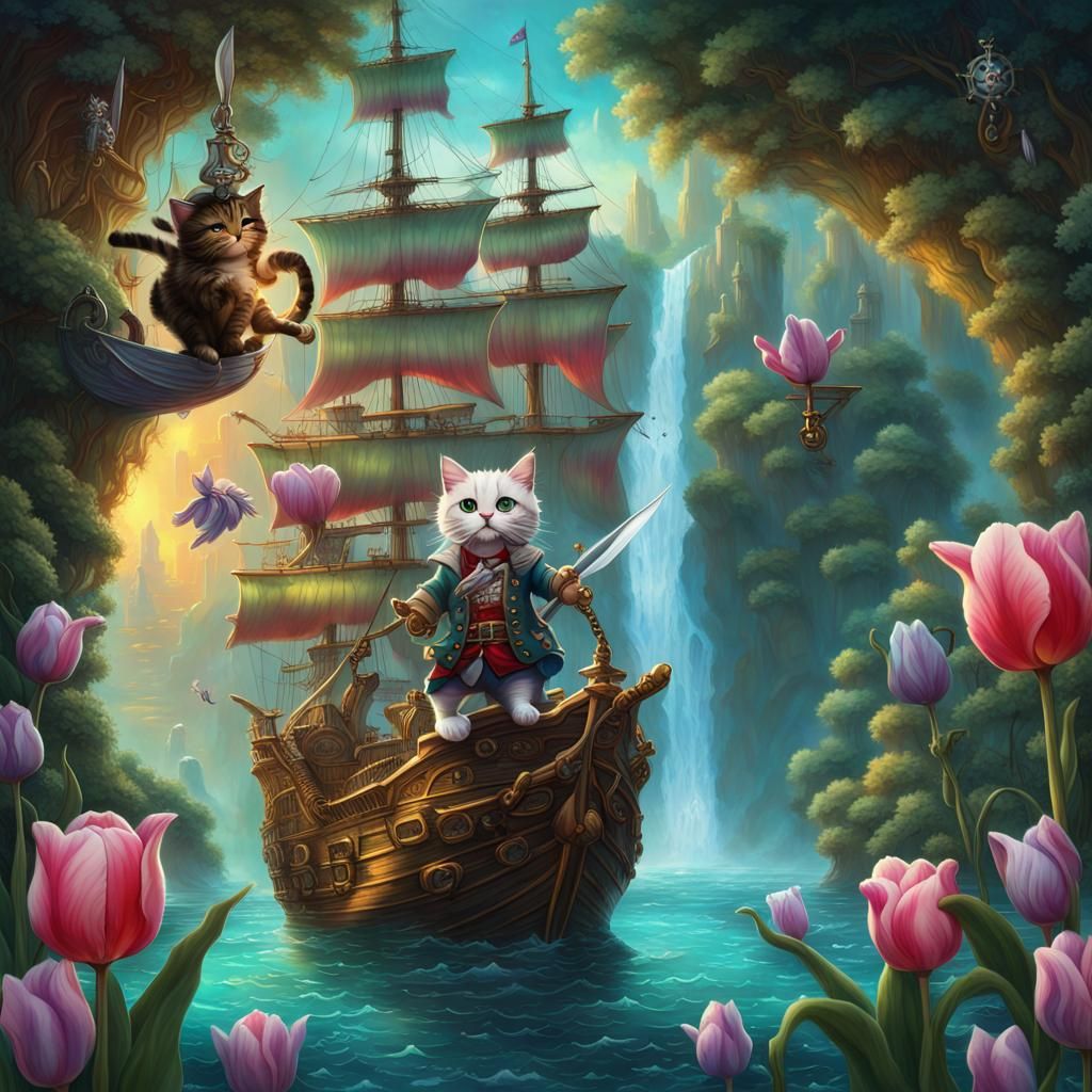 Iridescent Tulip with Pirate Cats and Waterfall