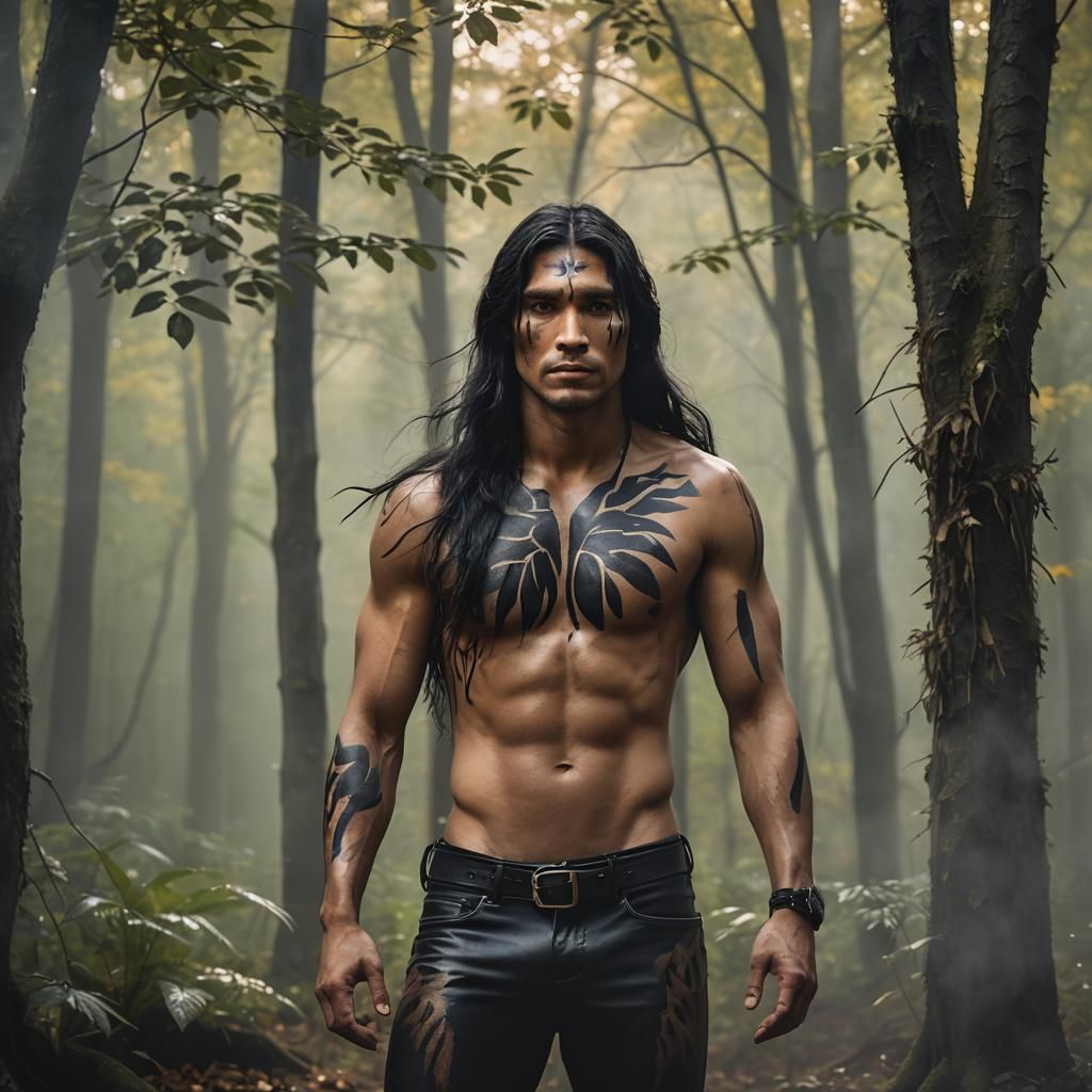 Native American Man Portrait in Misty Forest