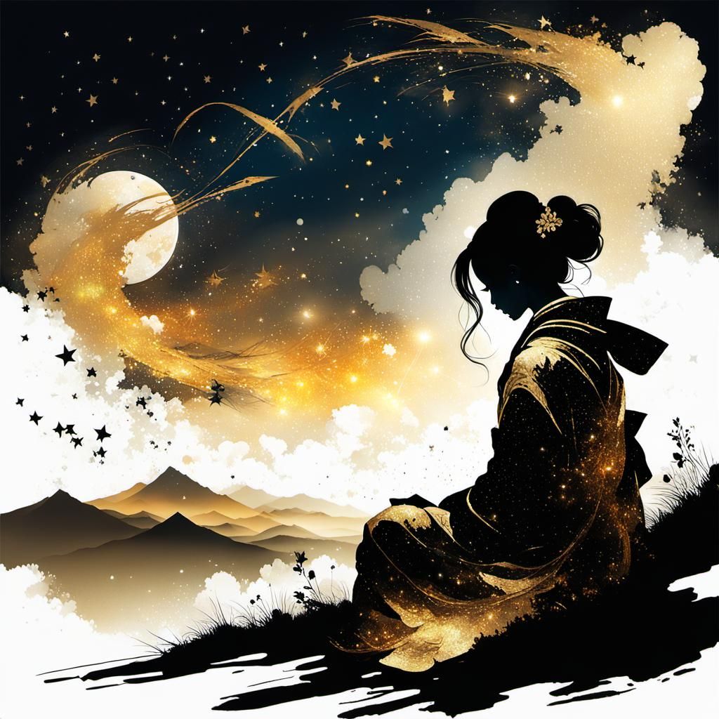 Geisha Silhouette Under Galaxy Sky in Surrealist Illustratio...