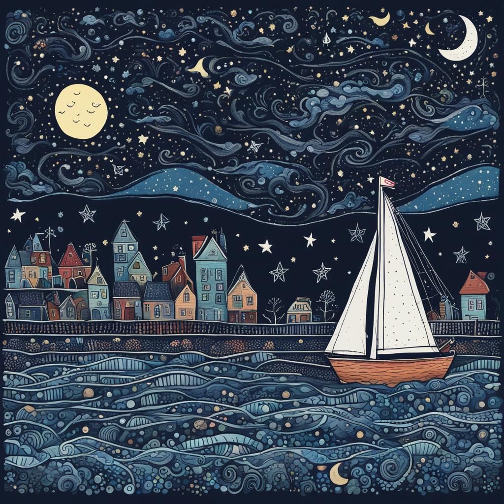Naive Doodle Style Sailboat at Night