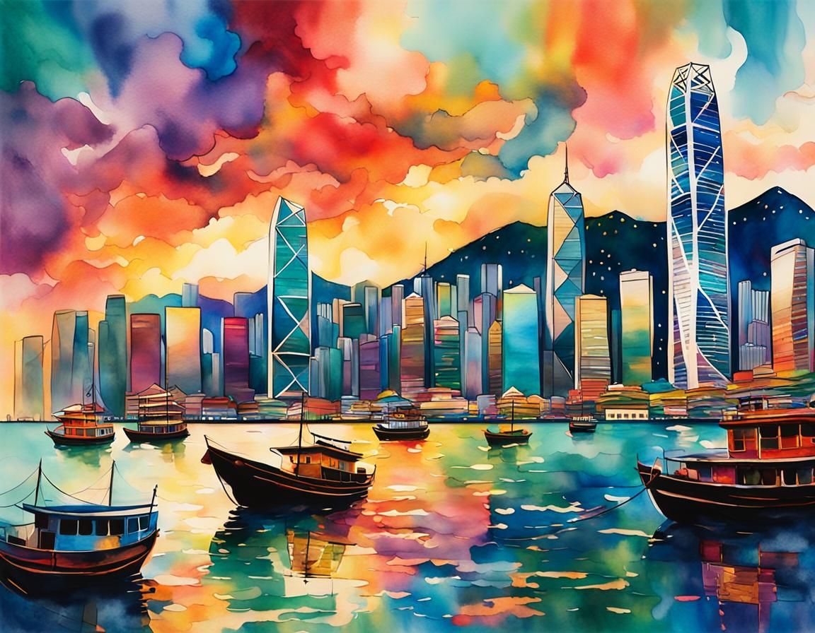 Hong Kong Skyline Harbor View in Mixed Media Style