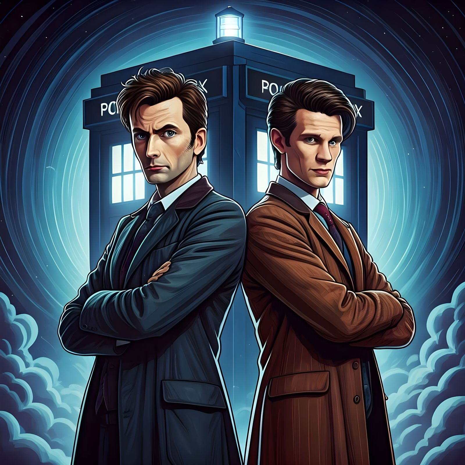 Time Lord Twins Pose with Tardis