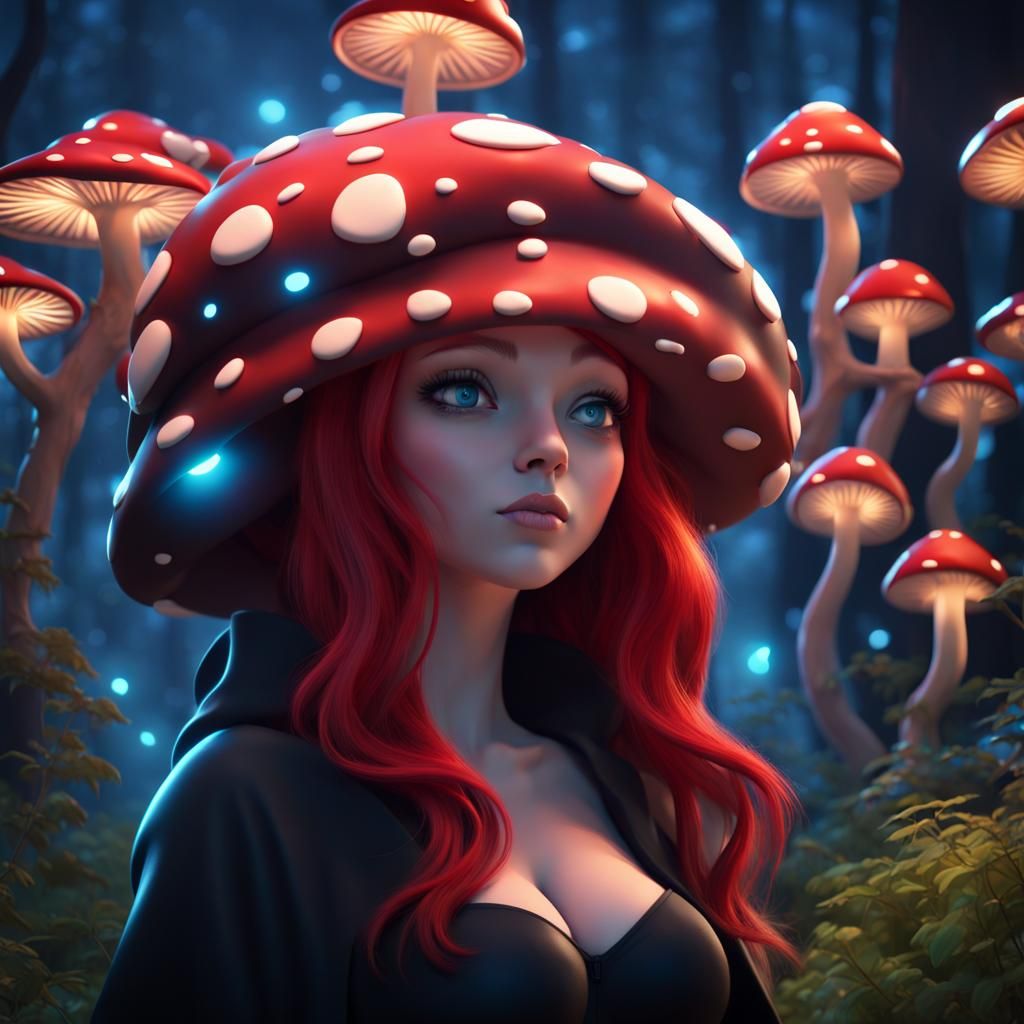 Anime Mushroom Woman in Magic Forest