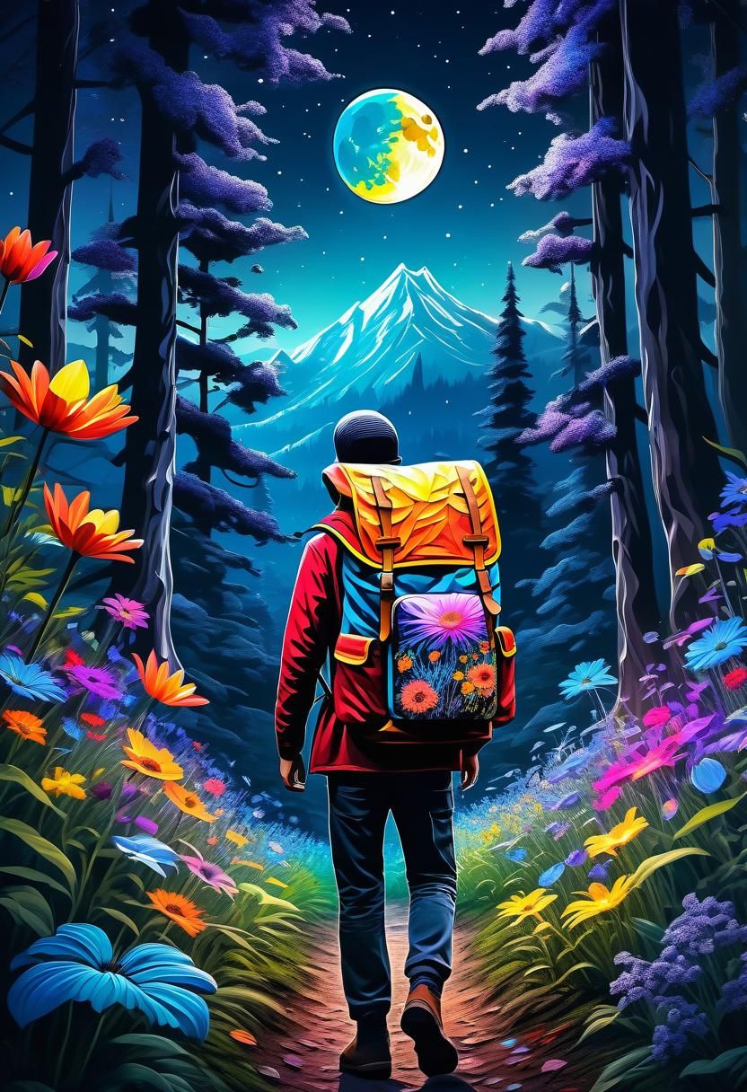 Moonlit Forest Adventure with Backpack Wanderer