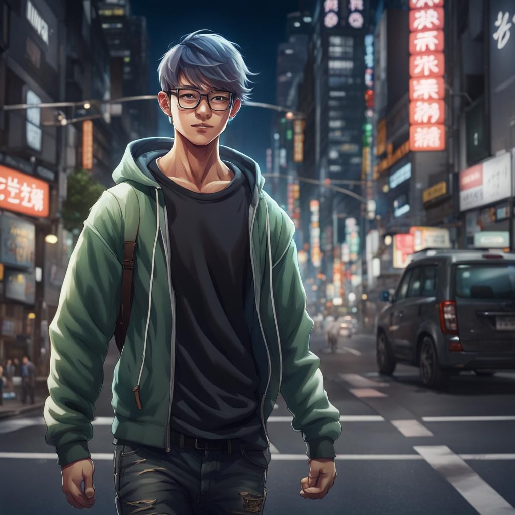 Asian Boy in City Street: Hyperrealistic Splash Art
