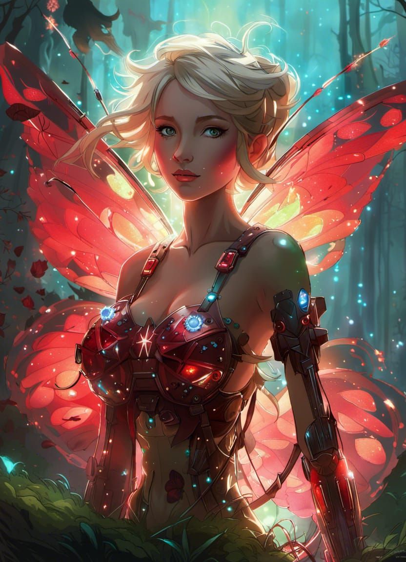 Cyborg Tinkerbell in Bioluminescent Forest