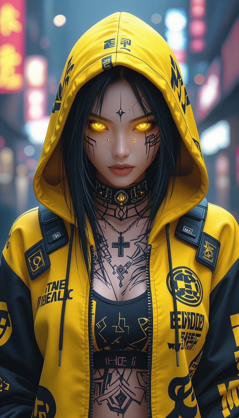 Cyberpunk Woman with Glowing Eyes in Digital Art Style