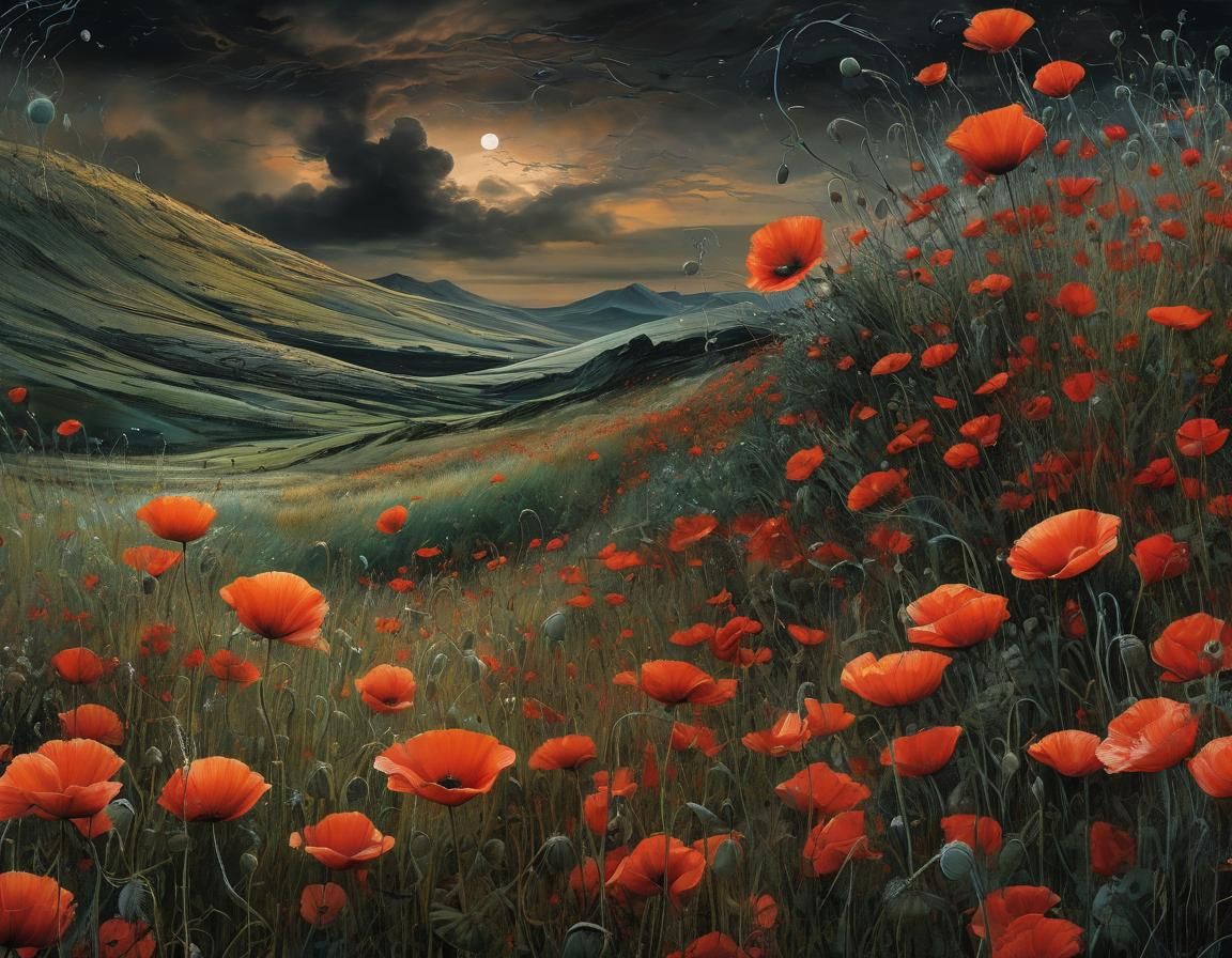 Storm Over Poppy Field in an Illustrative Style