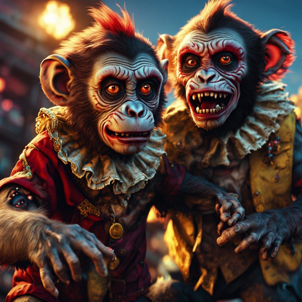 Zombie Monkey Clowns Play with Puppy in Ominous Carnival