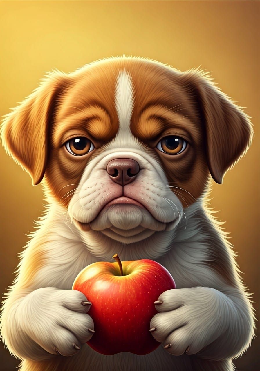 Grumpy Puppy Eats Apple in Cartoon Style