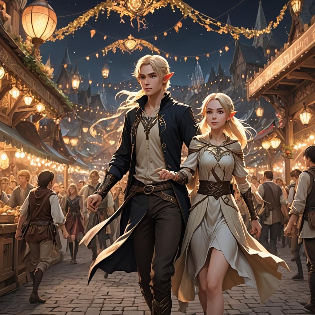 Elven Children at Magical Fair in Anime Style