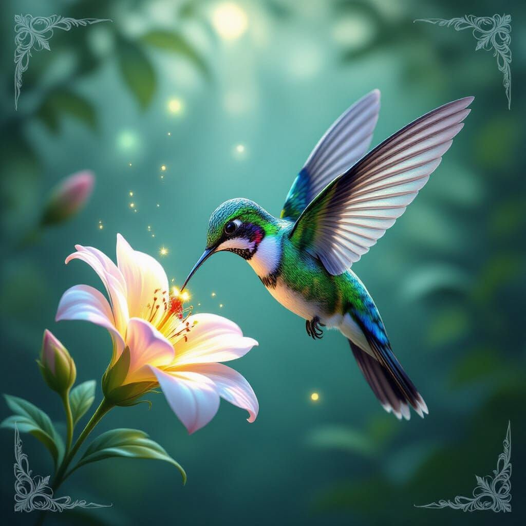 Opalescent Hummingbird in Misty Grove, Art Nouveau