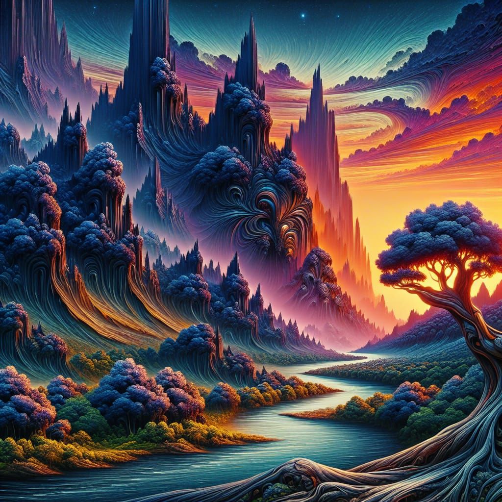 Funky Fantasy Mountains at Sunset with River and Tree