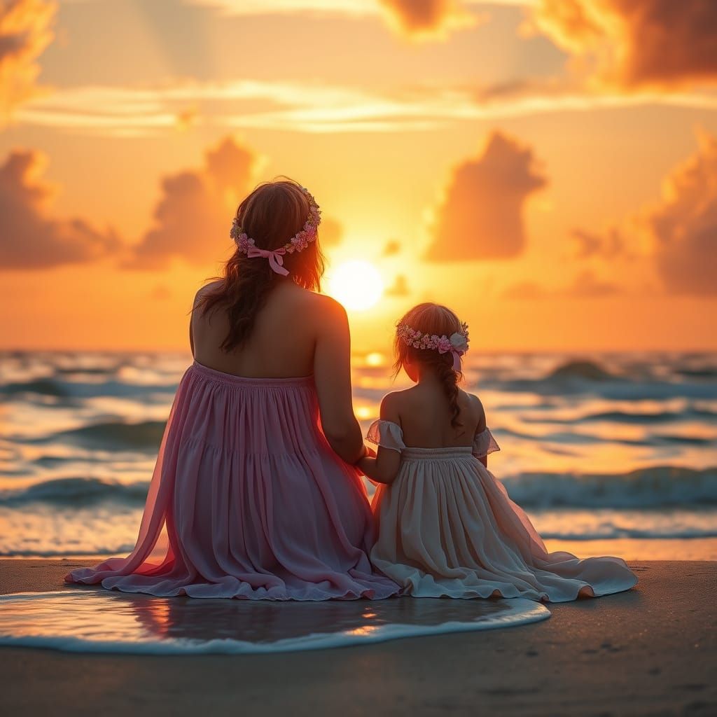 Mother and Daughter Bask in Sunrise Serenity on the Beach
