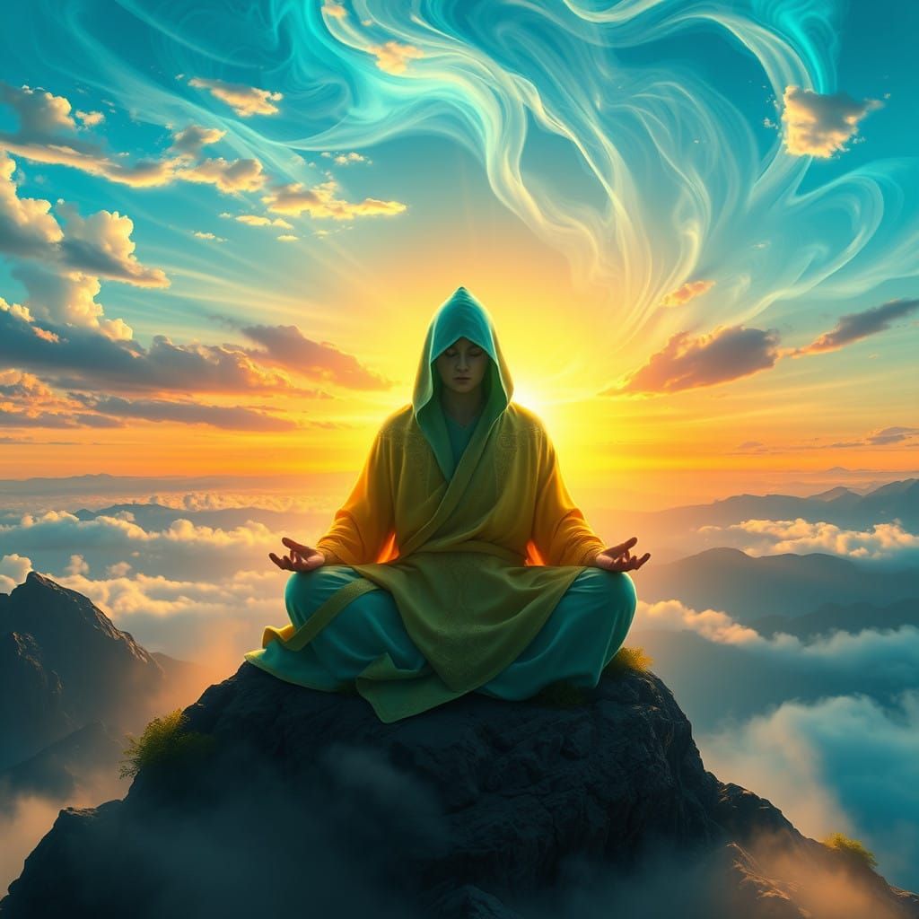 Mystical Figure in Ethereal Sunrise