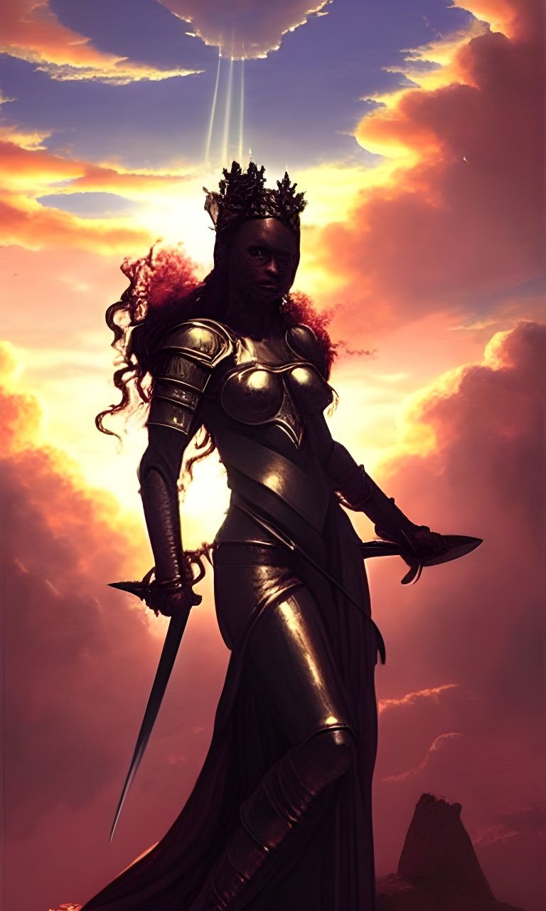 Glorious Ebony Queen with Sword in Sunlight