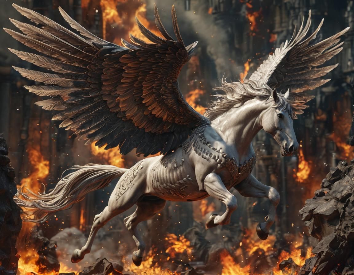 Majestic Pegasus Leaping Through Flames: Digital Art