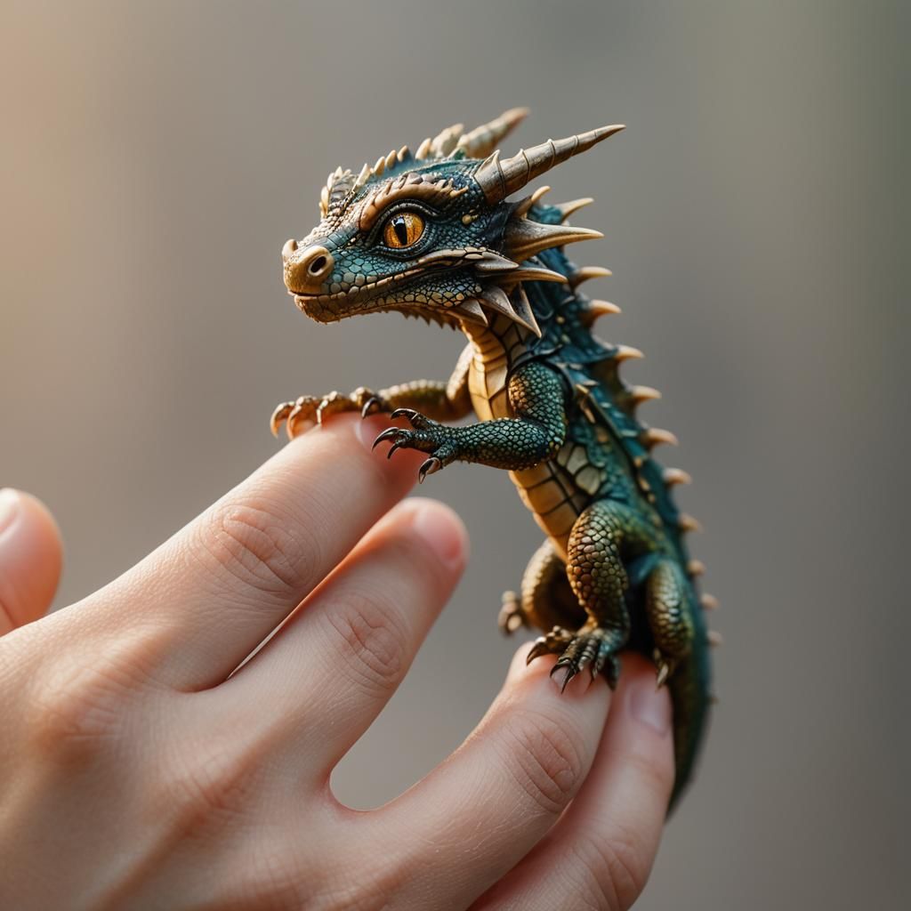 Macro Photo of Tiny Dragon on Finger