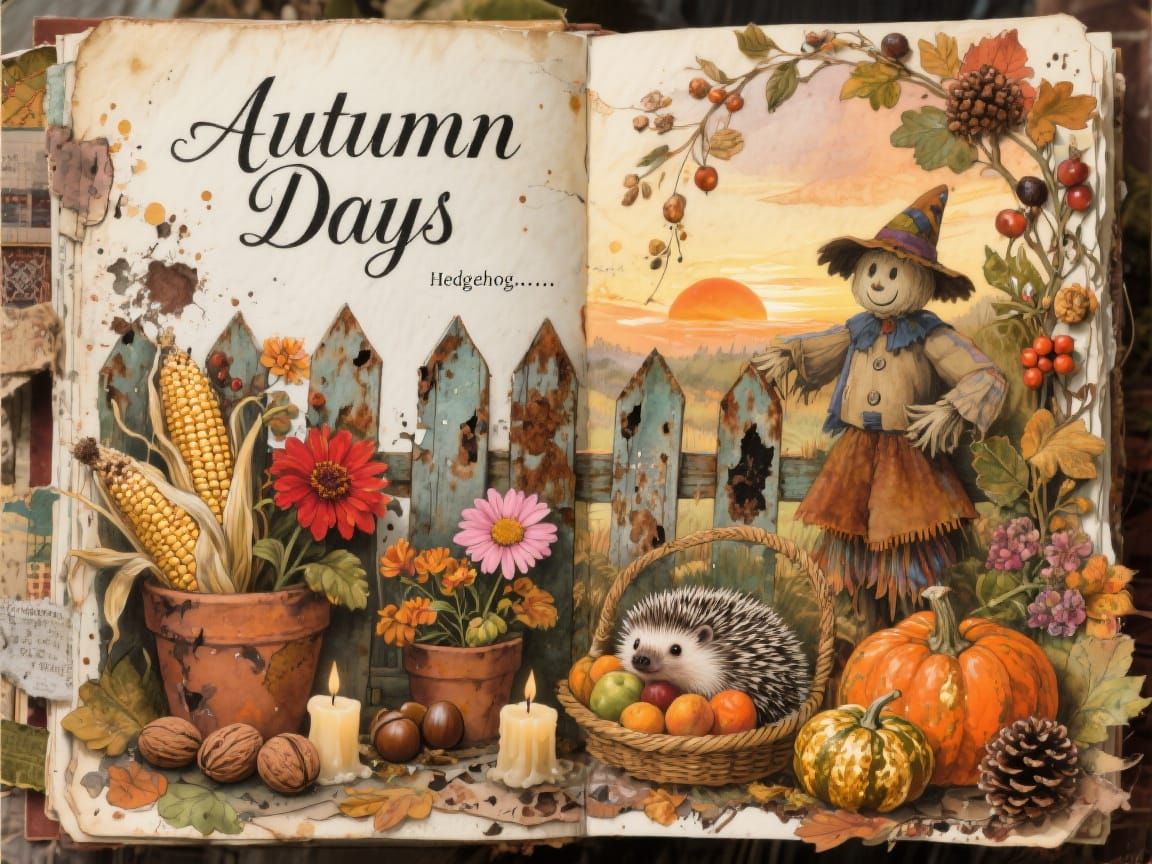 Autumn Junk Journal Page with Scarecrow and Hedgehog