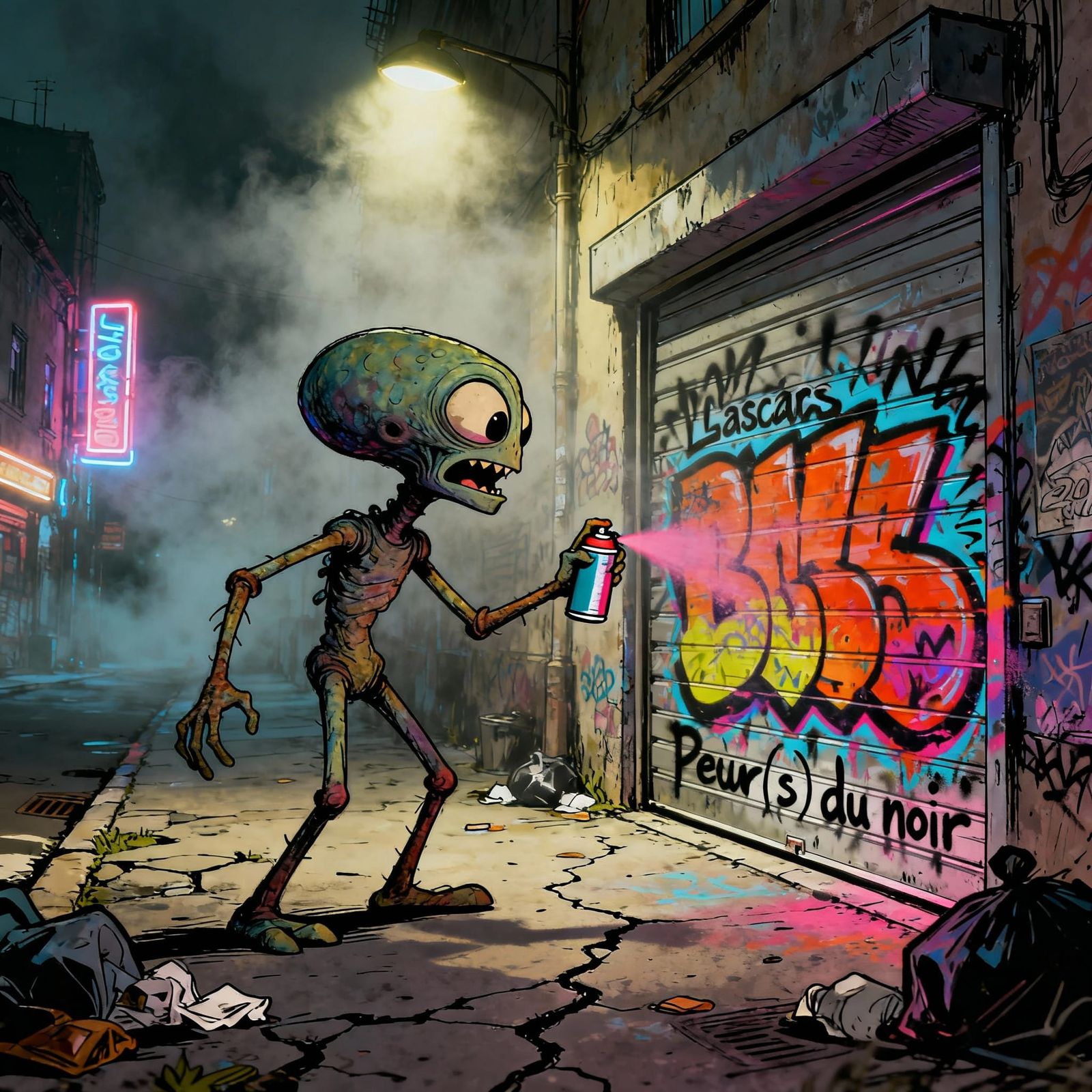 Alien Graffiti Artist in Gritty Urban Scene