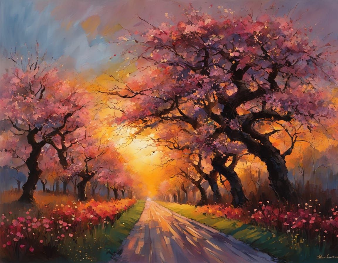 Cherry Tree Avenue at Dusk in Whimsical Watercolor Style