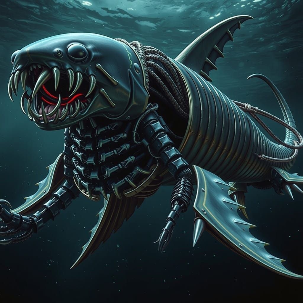 Biomechanical Shark Xenomorph Emerges from Ocean Depths