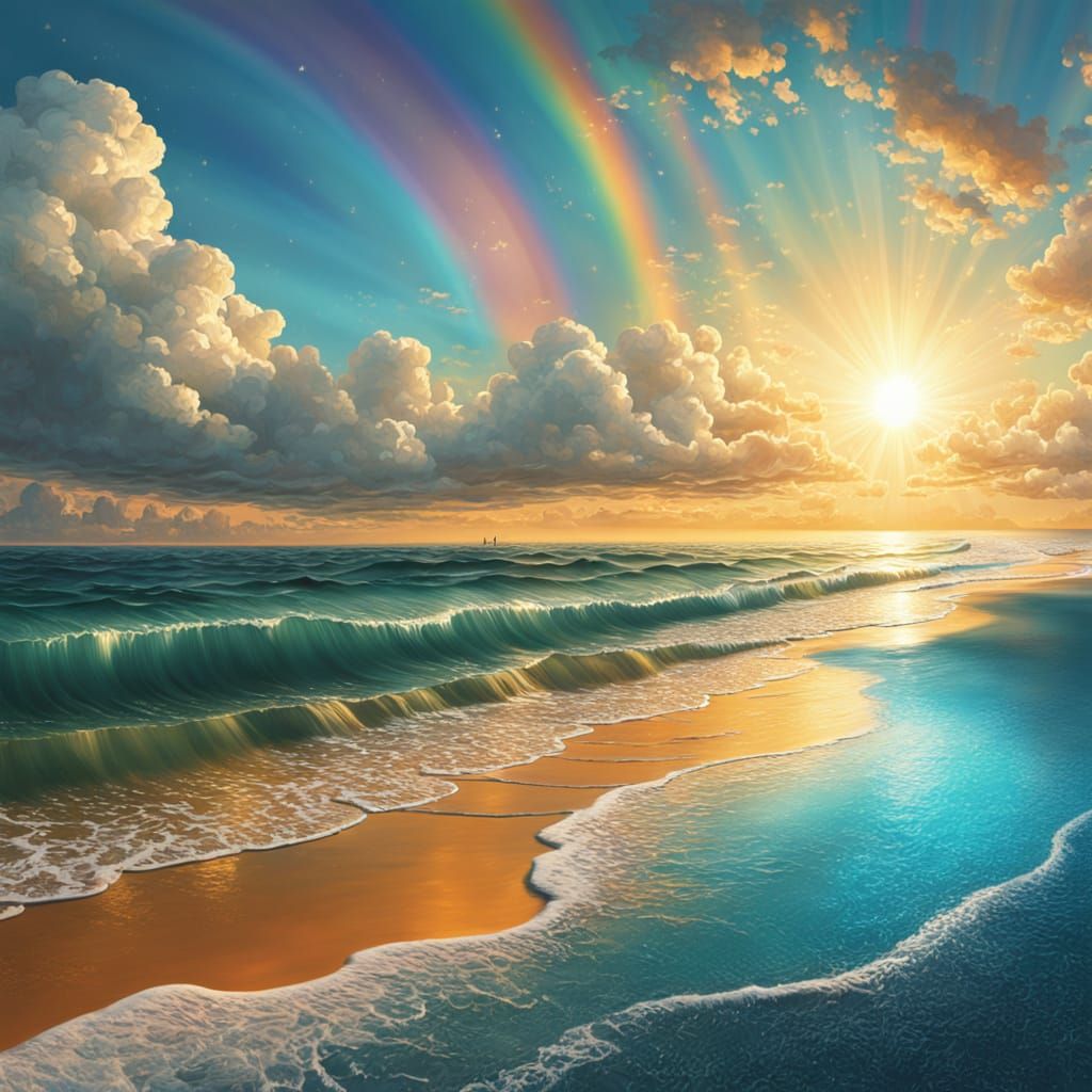 Beach Sunburst in Vibrant Digital Oil Painting