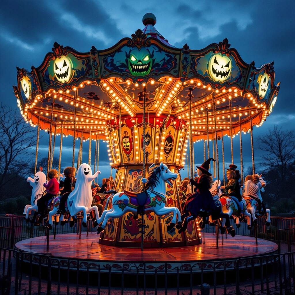 Halloween Carousel with Spooky Seats Under Stormy Sky
