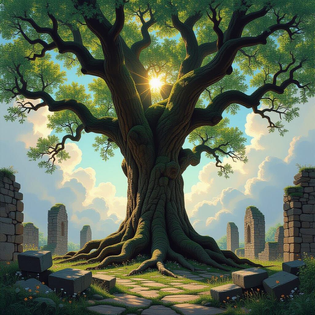 Ancient Oak Tree Roots Through Forgotten City Ruins