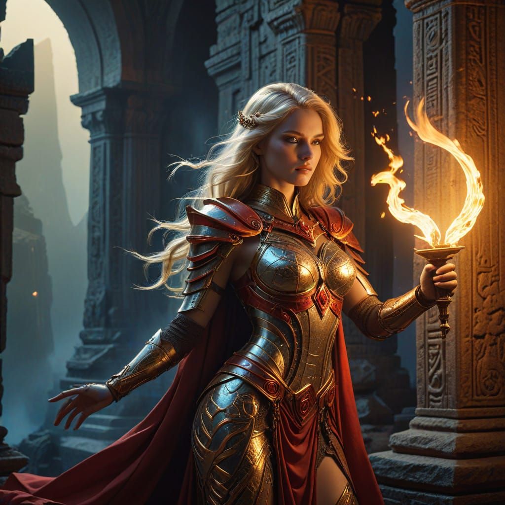 Surreal Goddess of Light in Ornate Red and White Armor