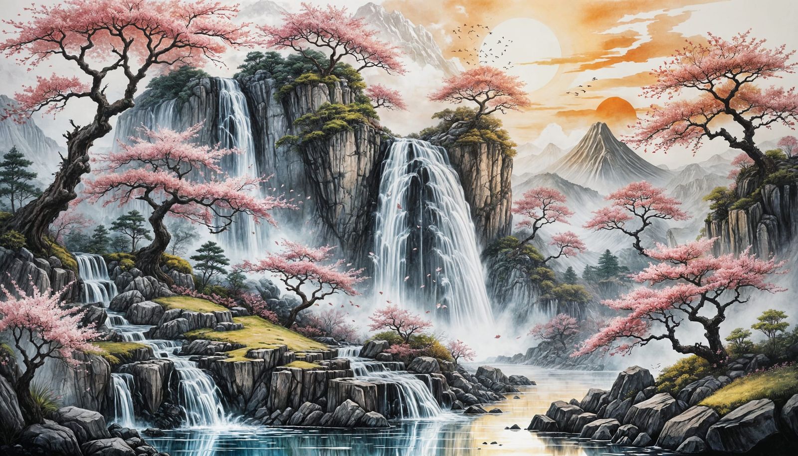 Surreal Zen Garden with Waterfall in Japanese Ink Style