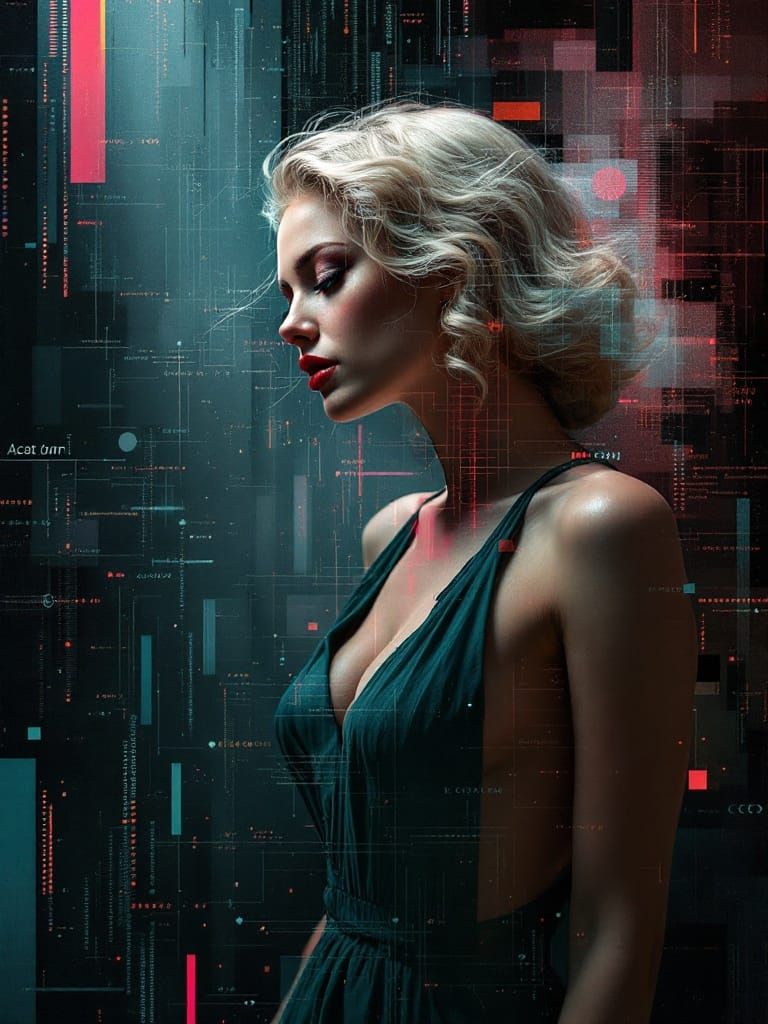 Glitch Photo of 1950s Pin-Up with Fractal Overlay