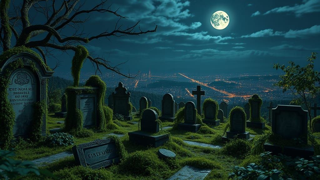 Overgrown Cemetery at Night with Distant City Lights
