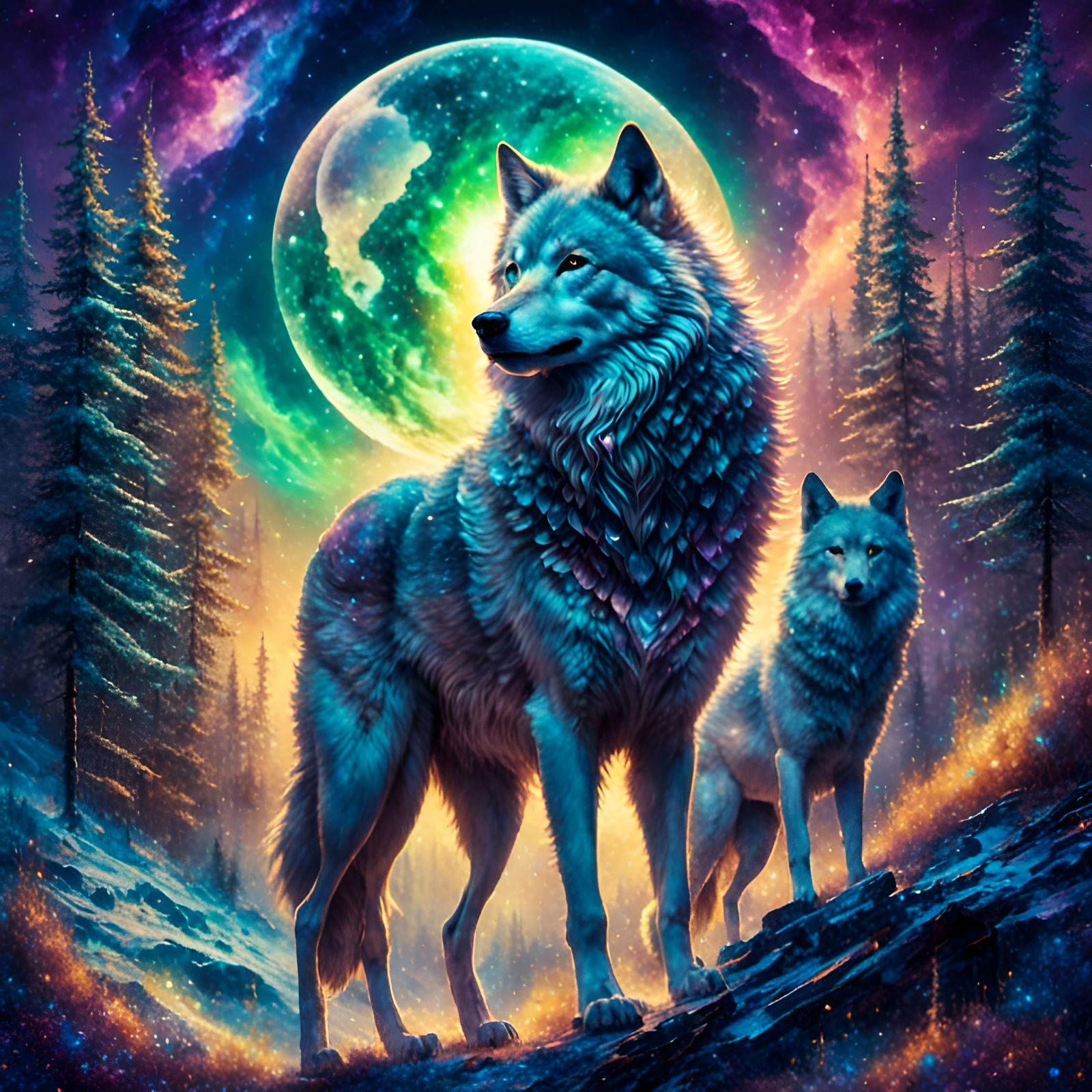 Wolf Howling at Moon with Northern Lights: Astral Illustrati...